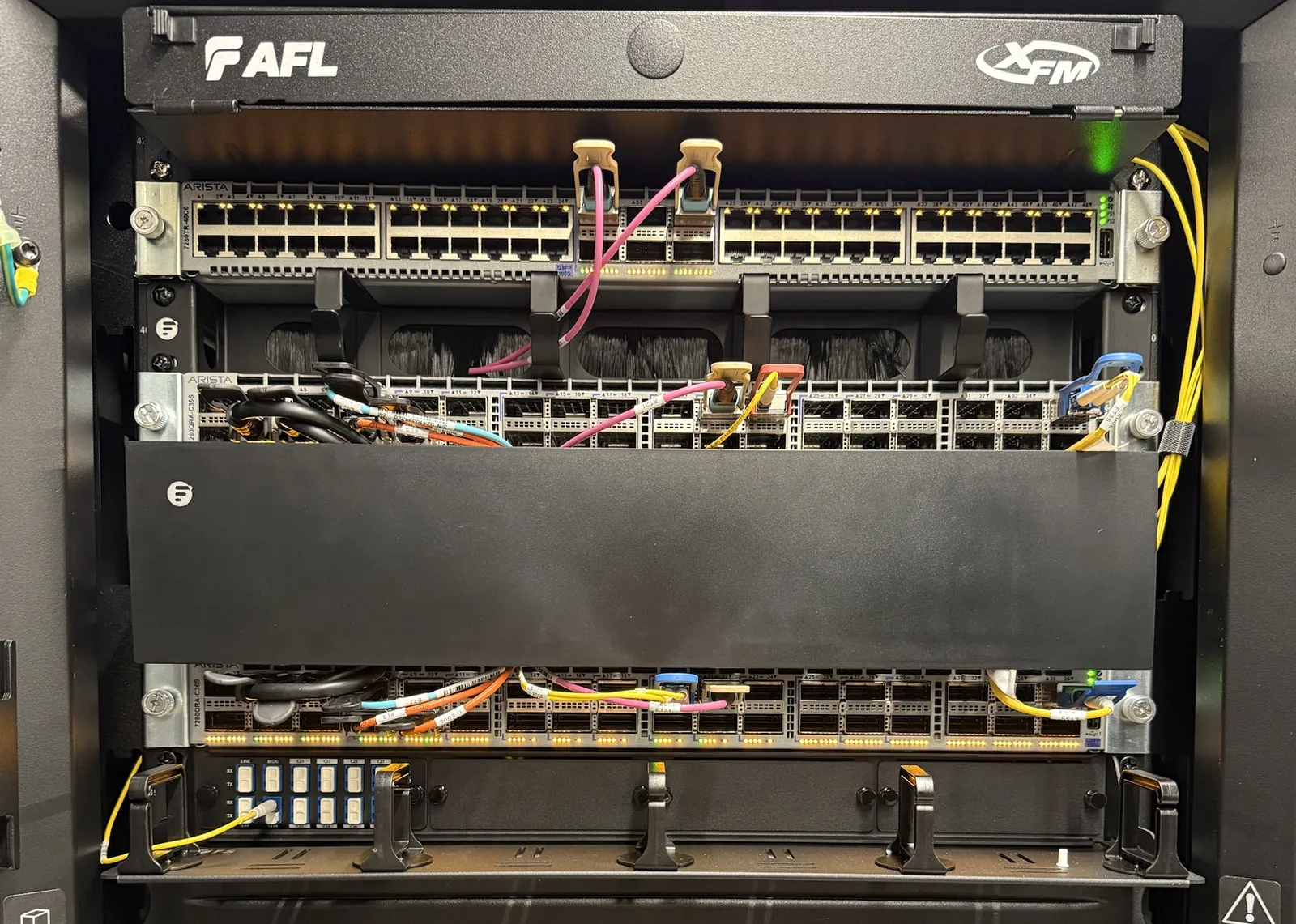 Vorderseite eines Netzwerk-Racks: oben ein Glasfaserpanel von AFL, darunter drei Arista-Switches, gepatcht mit rosa, orangefarbener und gelber Glasfaser, und unten ein passiver optischer Multiplexer mit blauen Steckern.