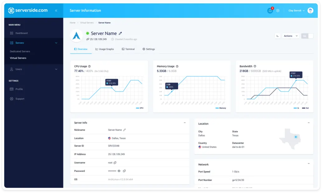 Consola cloud de Serverside con el resumen de cloud