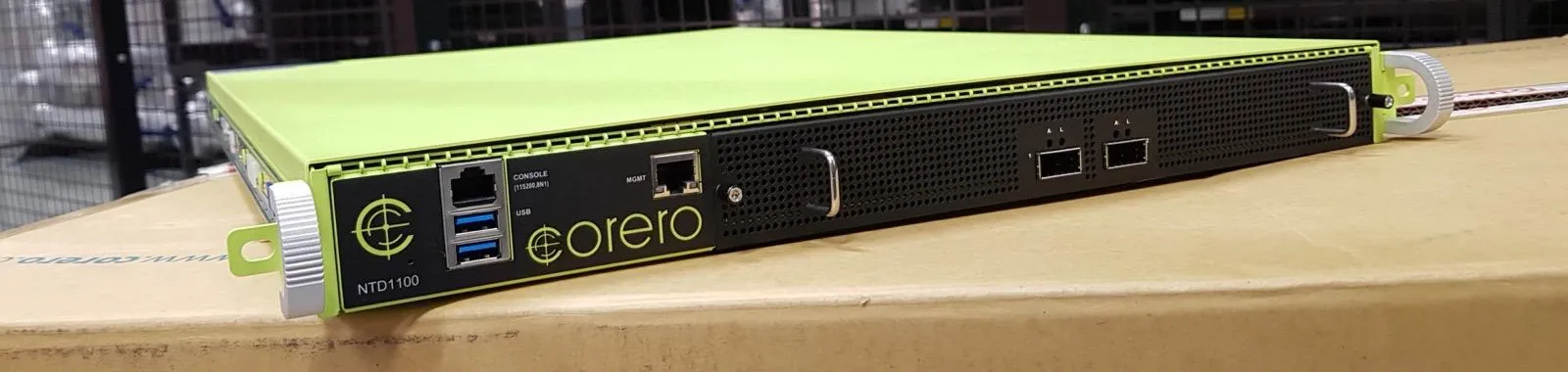 Corero NTD1100 DDoS mitigation appliance before installation in a Serverside rack