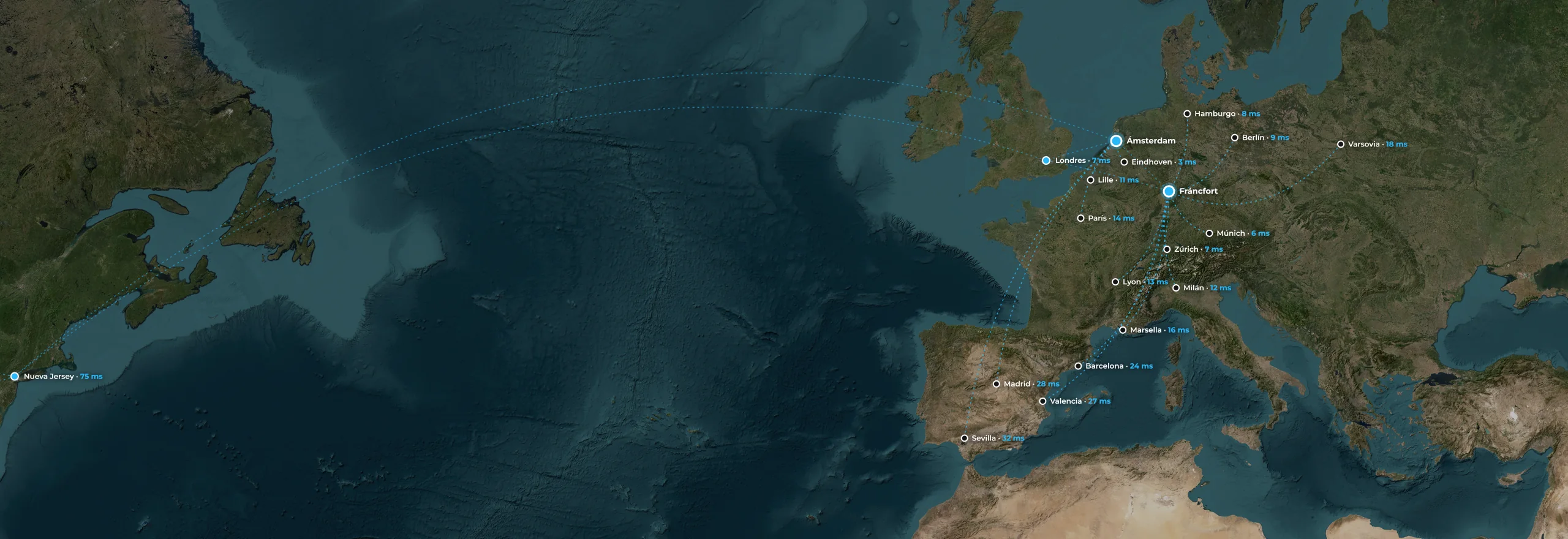 Vista de satélite de Europa occidental, con Ámsterdam y Fráncfort