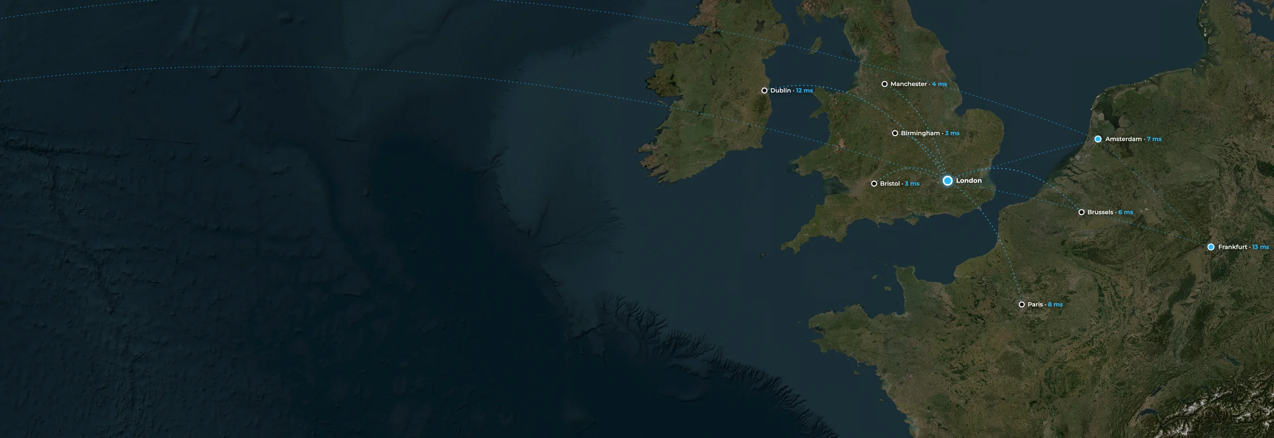Satellite view of the United Kingdom with our London datacentre marked
